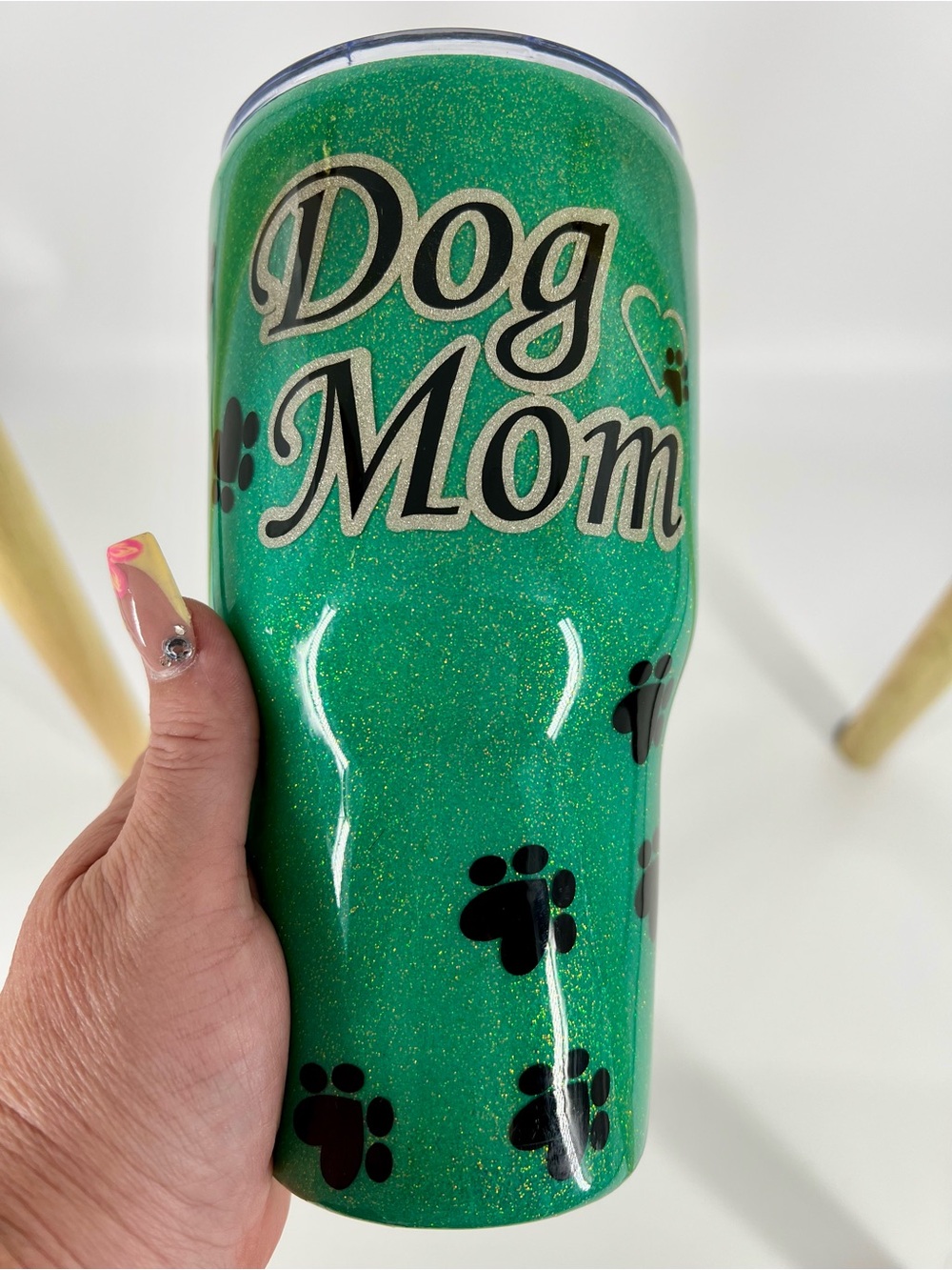 Dog Mom Glitter Travel Tumbler - Green